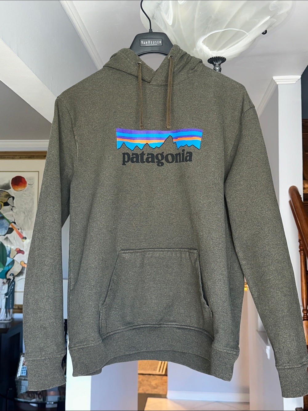 Patagonia Olive Green Hoodie with Multicolor Logo Sz L